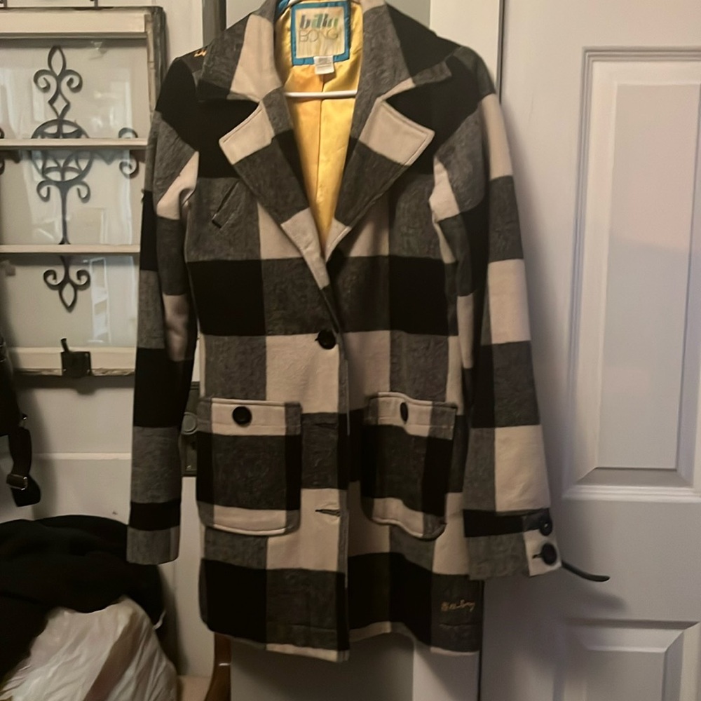 Billabong Black and White Plaid Pea Coat JUNIOR Large fits as Women Small